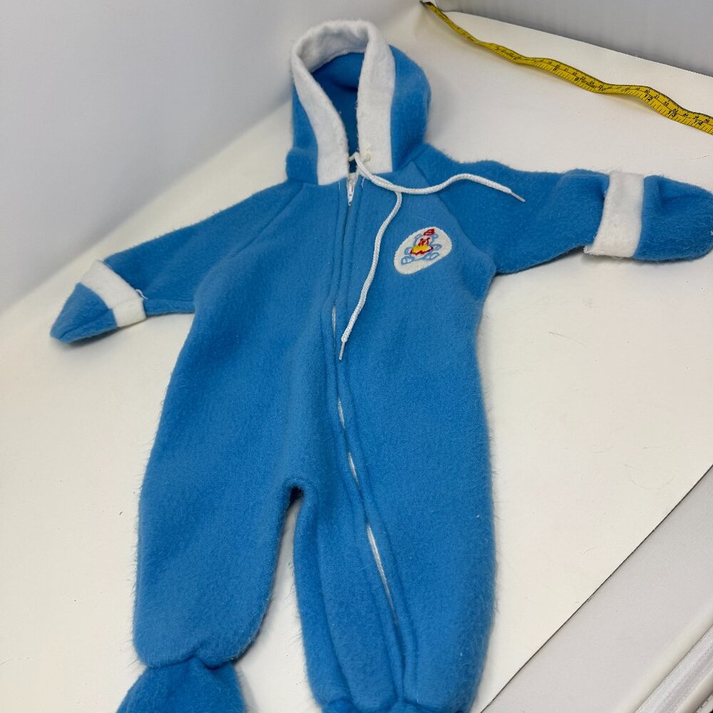 Vintage Blue and White Trim Fleece Baby Bunting Snow Suit 0-9 Months Lightweight